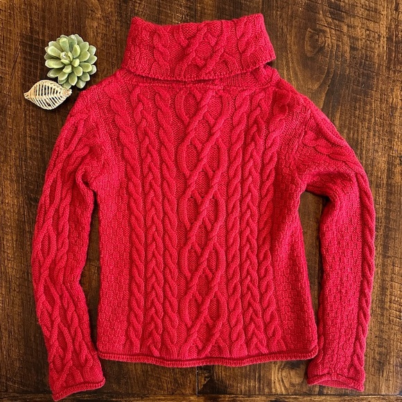 Inis Crafts | 100% Irish Wool Cozy Red Cable Knit Turtleneck Sweater - Picture 2 of 5